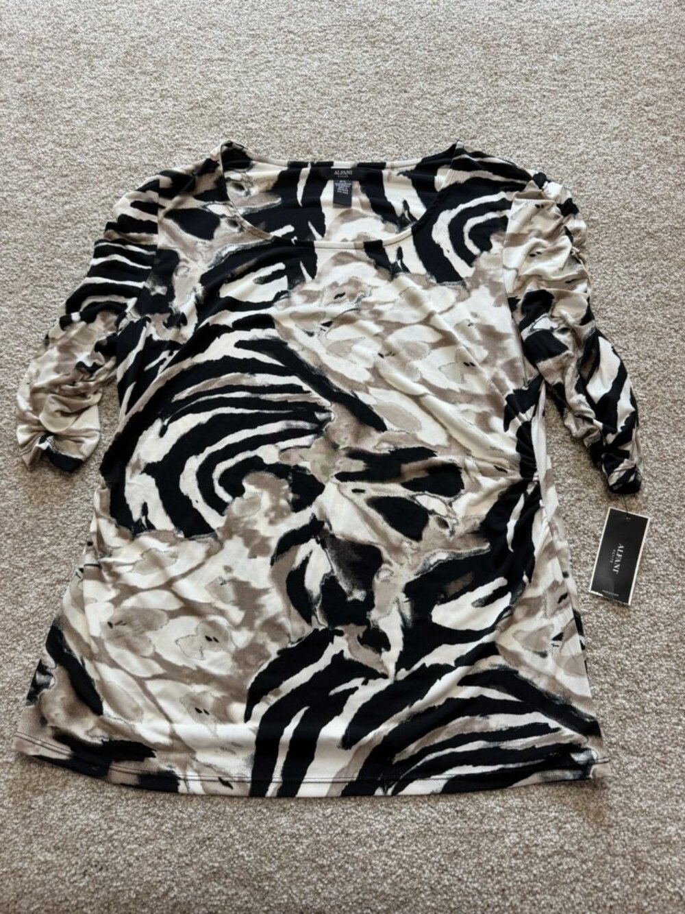 Alfani Petite Women’s Abstract Floral Ruched Sleeve Stretch Tunic Top Size P/L